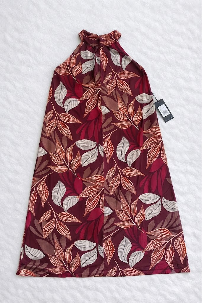 Levélmintás hidegselyem maxi ruha – nyakba kötős | M-XXL