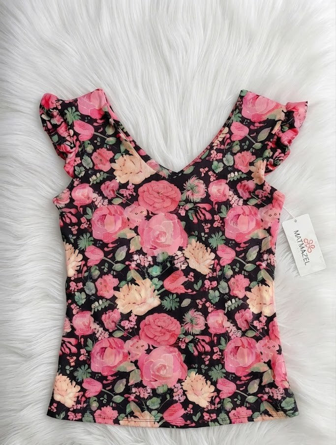 Vintage rózsás bordázott felső – S-XL | V-nyák, fodros ujj