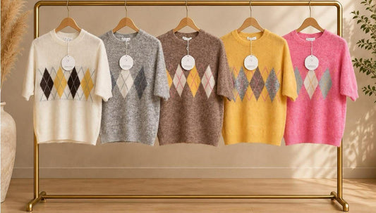 Pasztell Argyle Bolyhos Kötött Felső – Retro Stilus, Puha Elegancia
