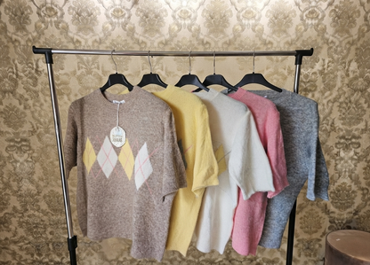 Pasztell Argyle Bolyhos Kötött Felső – Retro Stilus, Puha Elegancia