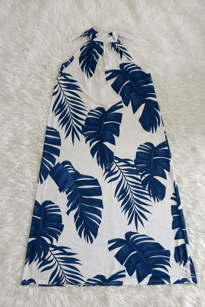 Trópusi levél mintás hidegselyem maxi ruha – S-XXL | Halter nyak
