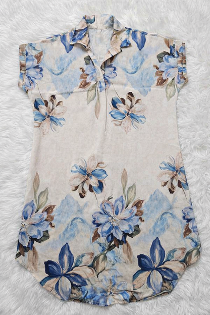 Kék-barna virágos galléros nyári ruha – L-XXL | Lenge, szellős