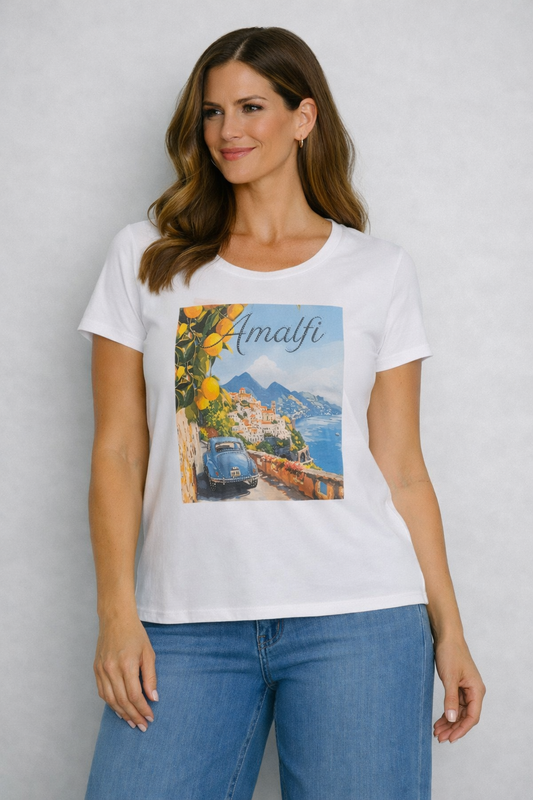 Amalfi városképes pamut póló – L-XXL | Laza, mediterrán hangulat