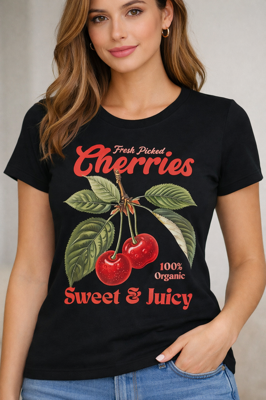 Retró cseresznyés fekete póló – S-M | 95% pamut, elasztikus
