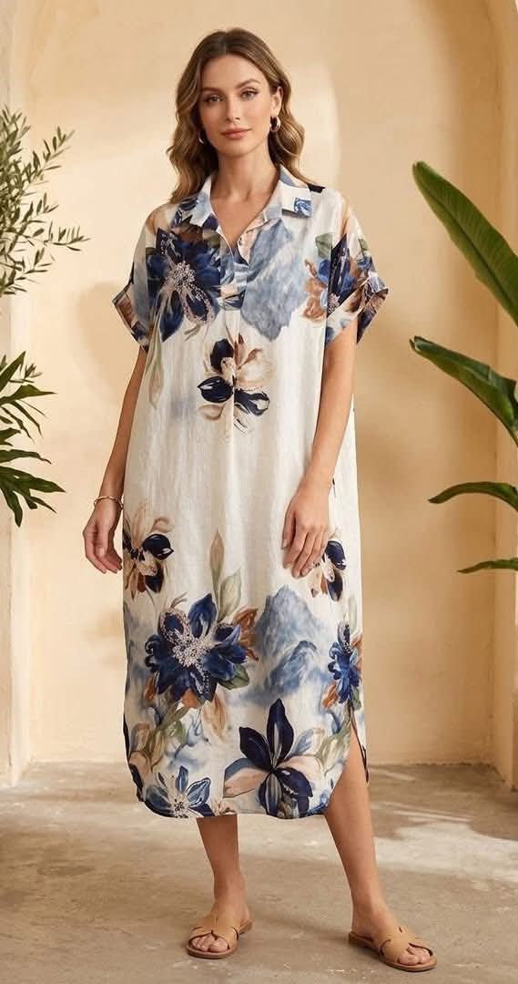 Kék-barna virágos galléros nyári ruha – L-XXL | Lenge, szellős