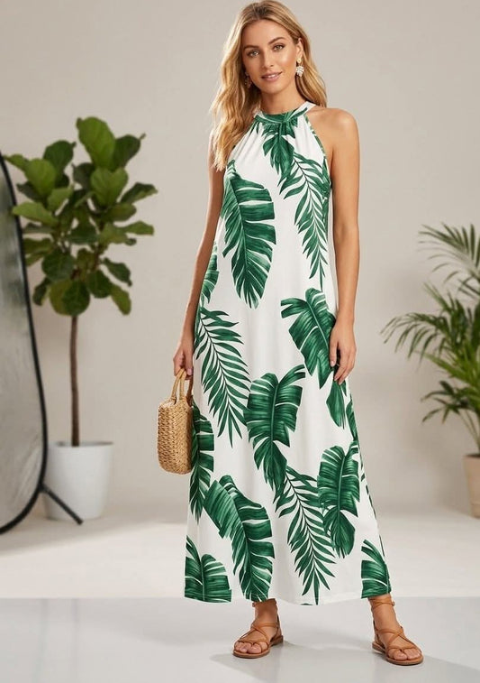 Trópusi levél mintás hidegselyem maxi ruha – S-XXL | Halter nyak