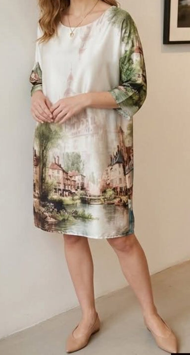 Olasz városképes festett mintájú tunika/ruha – L-XXL | Egyedi művészi nyomat