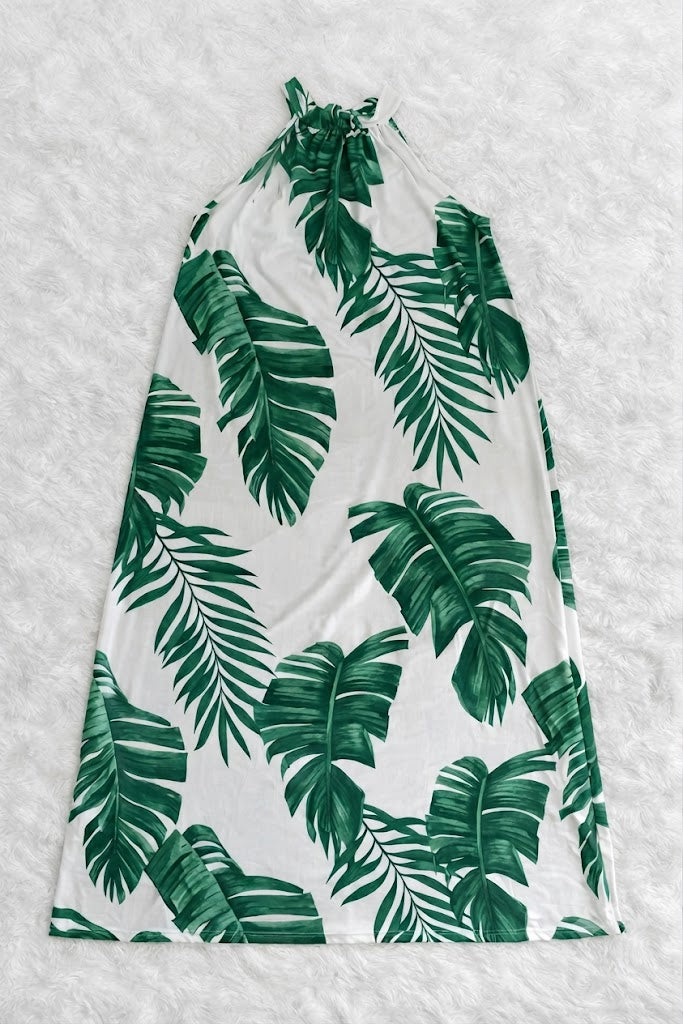 Trópusi levél mintás hidegselyem maxi ruha – S-XXL | Halter nyak