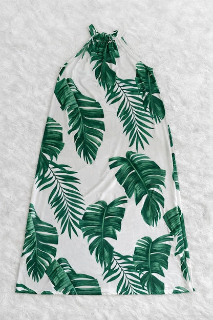 Trópusi levél mintás hidegselyem maxi ruha – S-XXL | Halter nyak